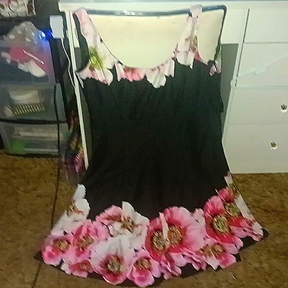 RSVP Asymmetrical Floral Pink and Black Midi Dress
